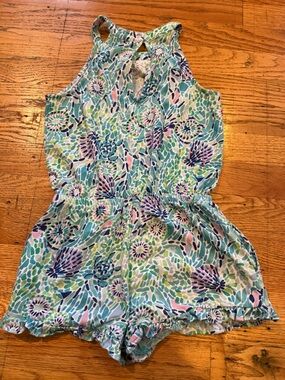 Lilly Pulitzer Sleeveless Floral Romper in Teal, Light Blue & Navy